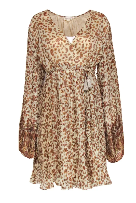 Anthropologie - Beige Paisley Print Pleated Wrap Dress Sz XL Designer unclassified dresses