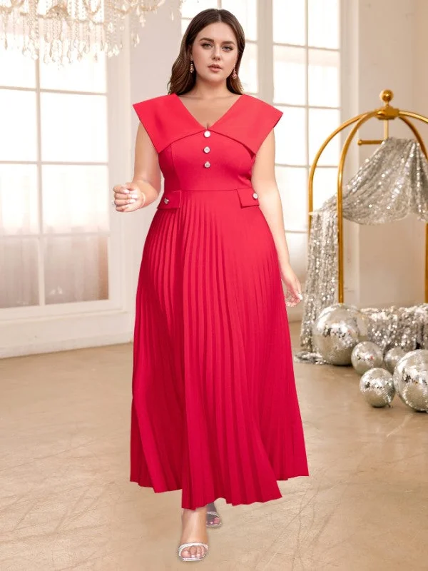 AOMEIDRESS Red V Neck Dress Sleeveless Empire Button A Line Pleated Designer unclassified dresses