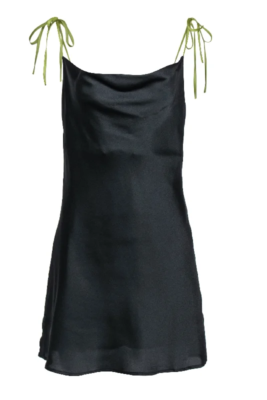 Apparis - Black Sleeveless Satin Slip Dress w/ Green Tie Straps Sz M Cocktail unclassified dresses