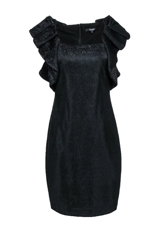 Badgley Mischka - Black Metallic Dress w/ Large Ruffle Shoulder Sz 8 Embroidered unclassified dresses