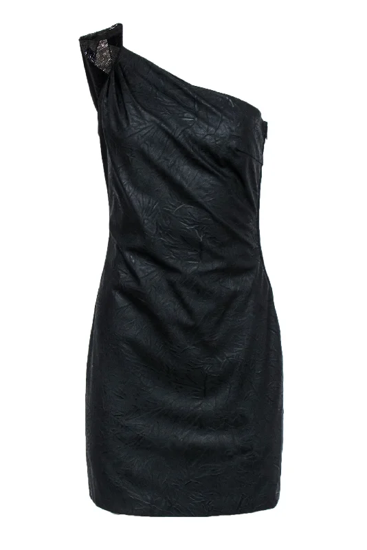 Badgley Mischka - Black One Shoulder Crinkled Leather Dress w/ Beading Sz S Mesh unclassified dresses