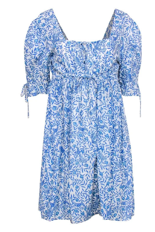 Banjanan - Blue & White Textured Bird & Leaf Print Babydoll Dress Sz L Casual unclassified dresses