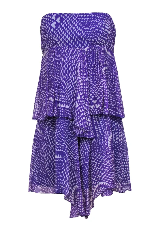 BCBG Max Azria - Purple & White Strapless Tiered Scarf Hem Silk Dress Sz S Best-selling unclassified dresses