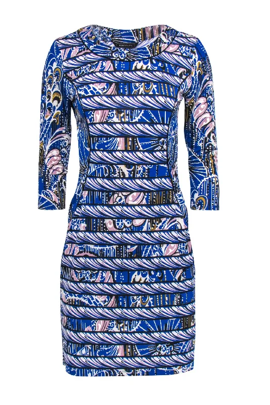 BCBG Max Azria - Blue Printed Paneled Sheath Dress w/ Cropped Sleeves Sz S Satin unclassified dresses