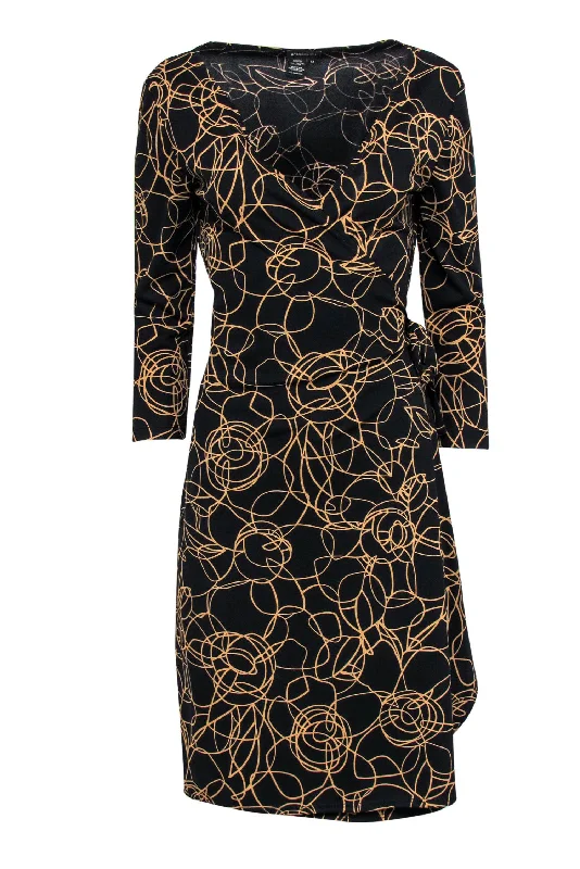 BCBG Max Azria - Black & Tan Scribble Print Wrap Dress Sz M Fall unclassified dresses