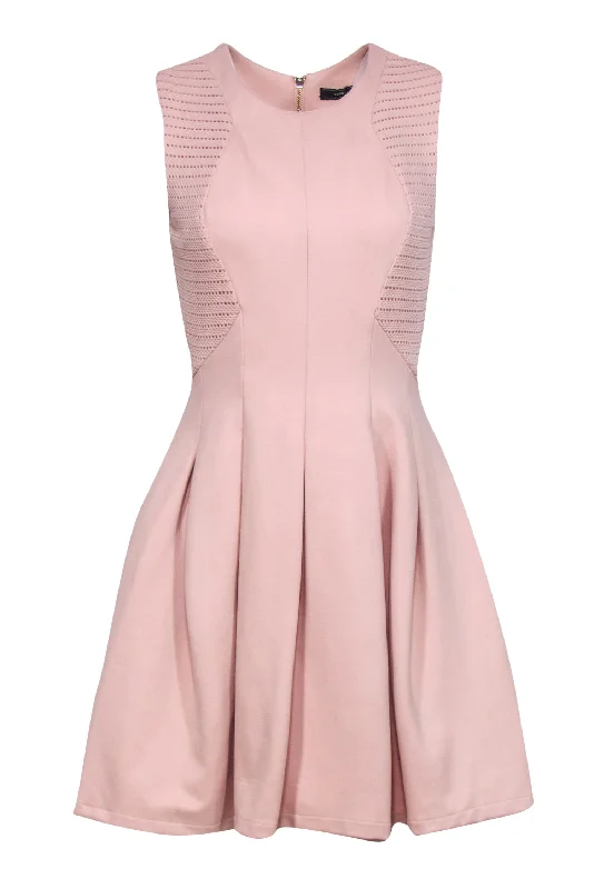 BCBG Max Azria - Blush Stretch Knit & Mesh Pleated Dress Sz S Chiffon unclassified dresses