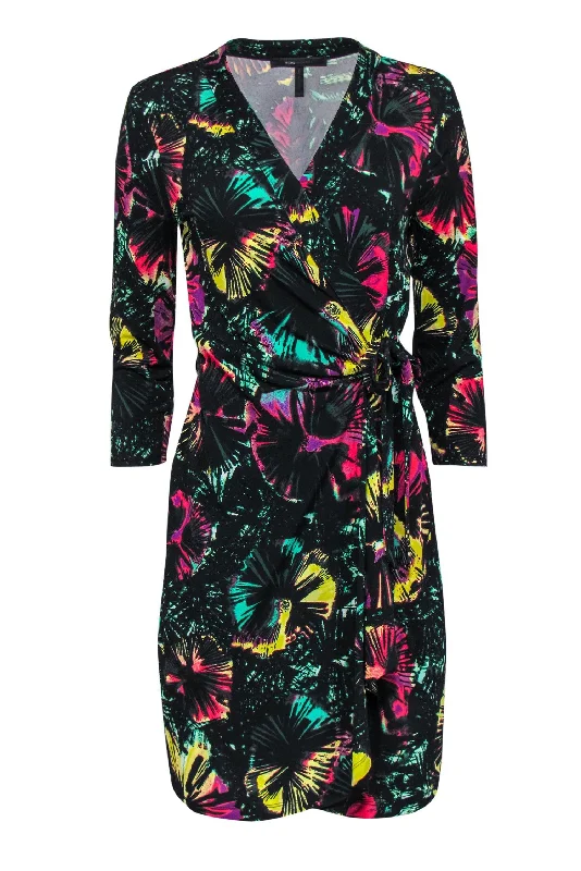 BCBG Max Azria - Black & Multicolor Printed Quarter Sleeve Wrap Dress Sz S Bright color unclassified dresses