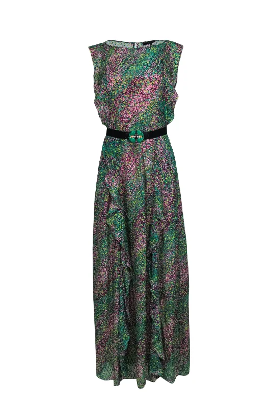 BCBG Max Azria - Purple & Green Spotted Ruffle Gown Sz XS Bodycon unclassified dresses