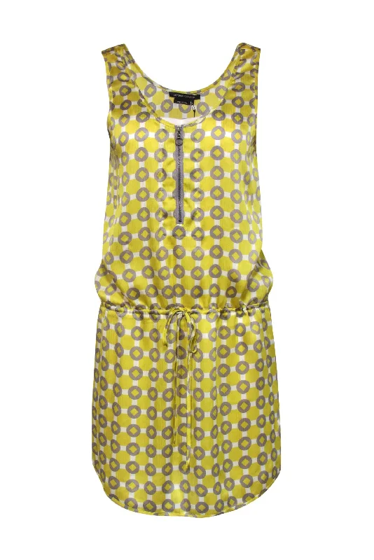 BCBG Max Azria - Neon Yellow, Grey & White Print Drop Waist Dress Sz M High-end unclassified dresses