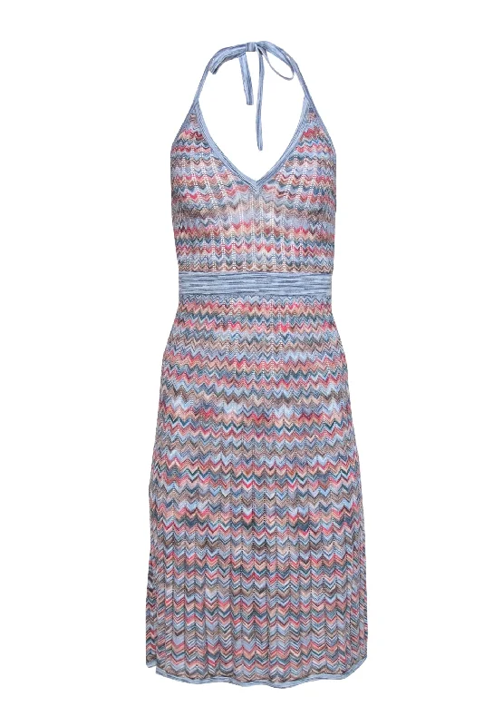 BCBG Max Azria - Blue & Multicolor Chevron Ribbed Knit Halter Dress Sz XS Comfortable unclassified dresses