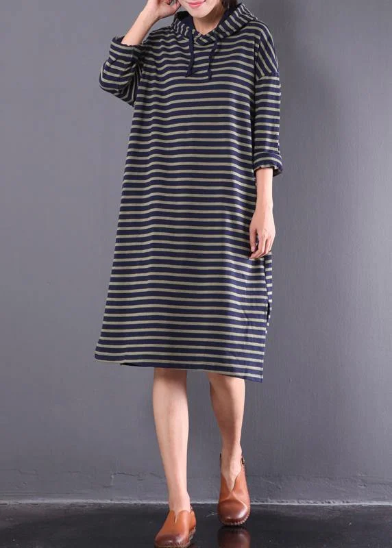 Beautiful blue striped linen clothes For Women hooded drawstring daily spring Dress Metallic unclassified dresses