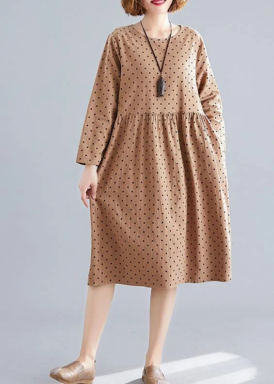 Beautiful khaki dotted Cotton quilting dresses o neck Cinched oversized spring Dress Spring unclassified dresses