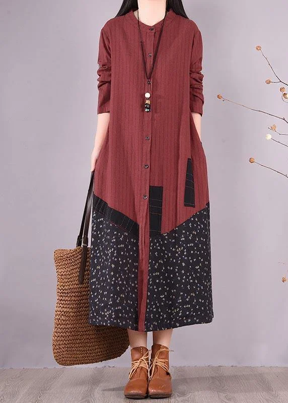 Beautiful Red Patchwork Print Dress O Neck Pockets Traveling Spring Dresses Ruched unclassified dresses