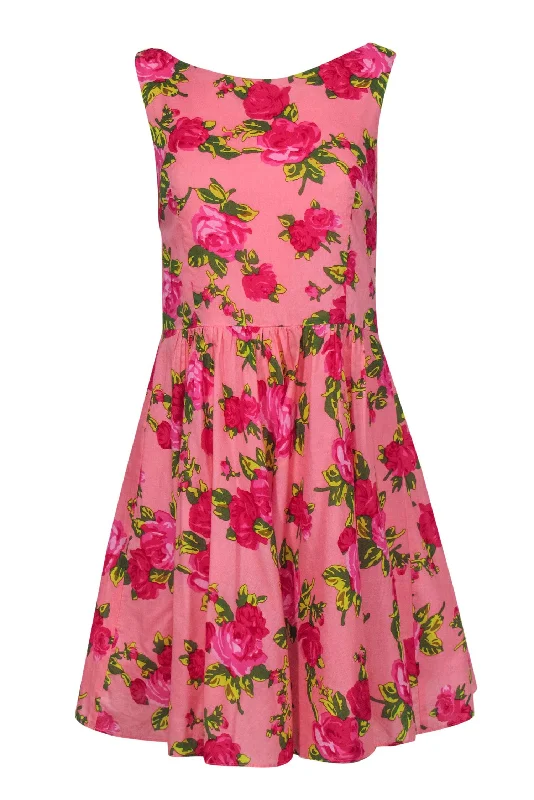 Betsey Johnson - Pink, Red & Green Rose Print Sleeveless Cotton A-Line Dress Sz 6 Lounge unclassified dresses