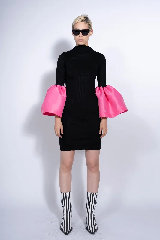 BLACK AND PINK RIB DRESS WITH PUFF SLEEVES Vacation unclassified dresses