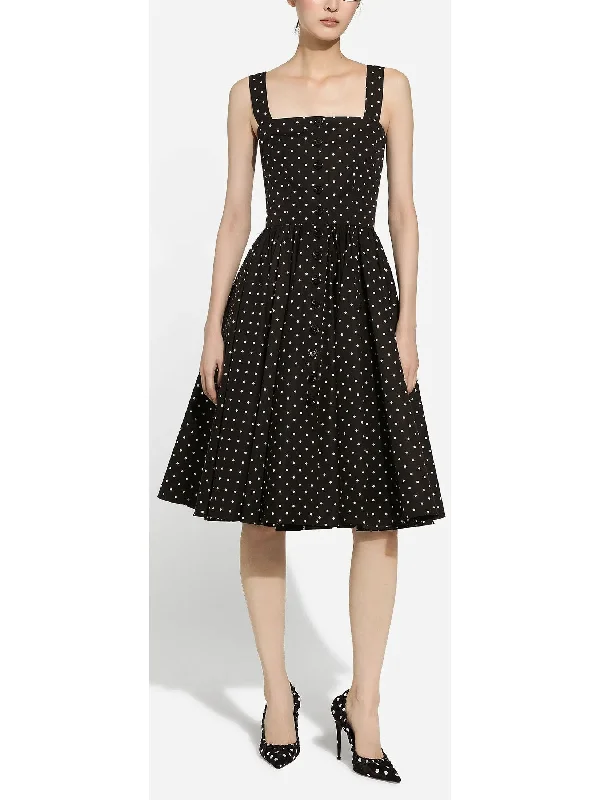 Black and White Calf-Length Cotton Poplin Dress with Polka-Dot Print Satin unclassified dresses