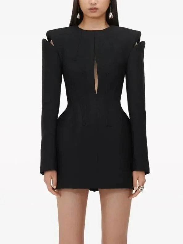 Black Cut-Out Dress with Contrasting Whipstitch Detailing Bright color unclassified dresses