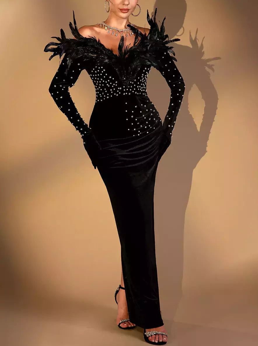 Black Feather and Velvet Gown with Pearl and Rhinestone Embroidery Lightweight unclassified dresses