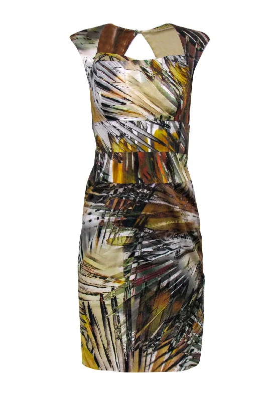 Black Halo - Multicolor Tropical Leaf Printed Cotton Blend Sheath Dress Sz 4 Cocktail unclassified dresses