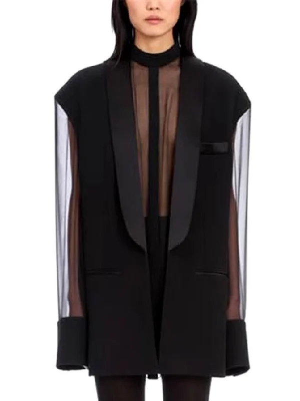 Black Sheer-Paneled Oversize Blazer Dress Long unclassified dresses