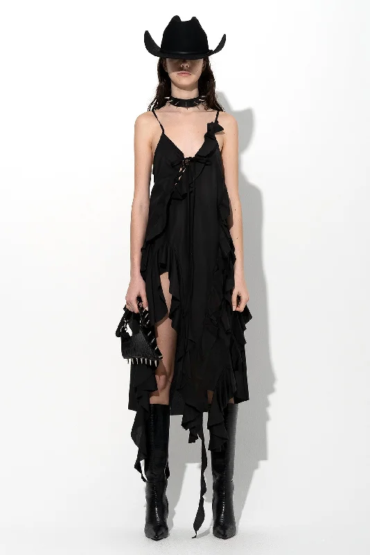 BLACK STRAP DRESS WITH ASYMMETRIC CASCADING FRILLS Petite unclassified dresses