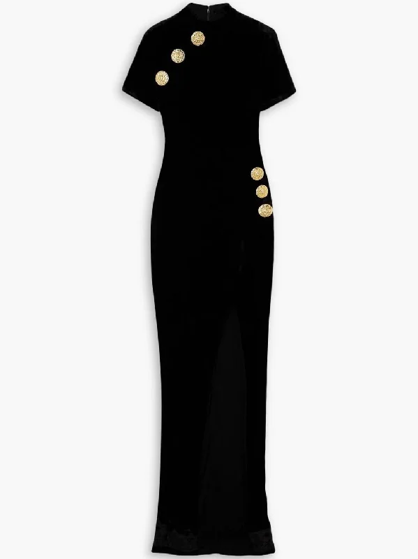 Black Velvet Button-Embellished Dress Off-shoulder unclassified dresses