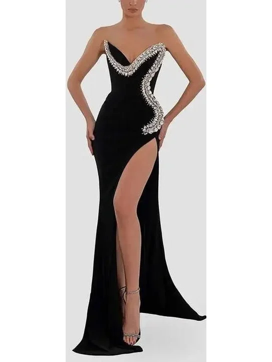 Black Velvet & Crystal Strapless Gown Halter unclassified dresses