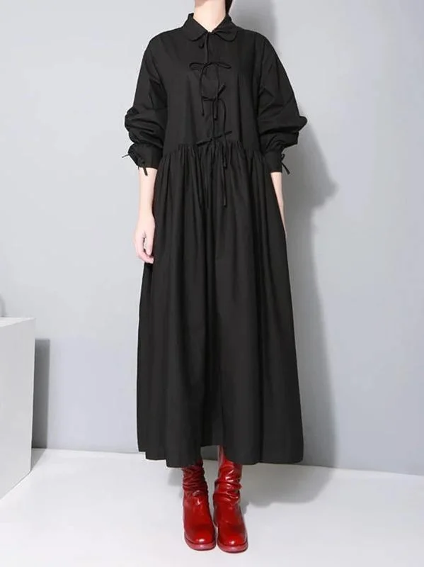 Bohemian lapel Cinched cotton spring outfit linen black A Line Dresses Best-selling unclassified dresses