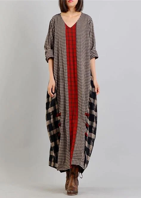 Bohemian v neck patchwork cotton linen spring quilting clothes Tunic Tops plaid Dresses Sexy unclassified dresses