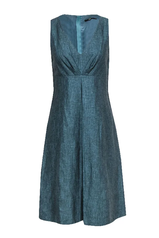 BOSS Hugo Boss - Teal Linen & Wool Blend A-Line Dress w/ Empire Waistline Sz 6 Graduation unclassified dresses