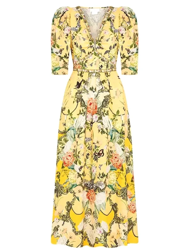 Bright Yellow Garden Printed Puff-Sleeve Dress with Gold Hardware Trendy new unclassified dresses