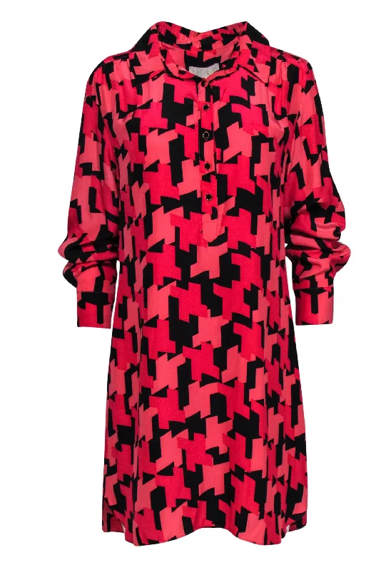 Britt Ryan - Pink & Black Herringbone Print Button-Front Shift Dress Sz L Metallic unclassified dresses