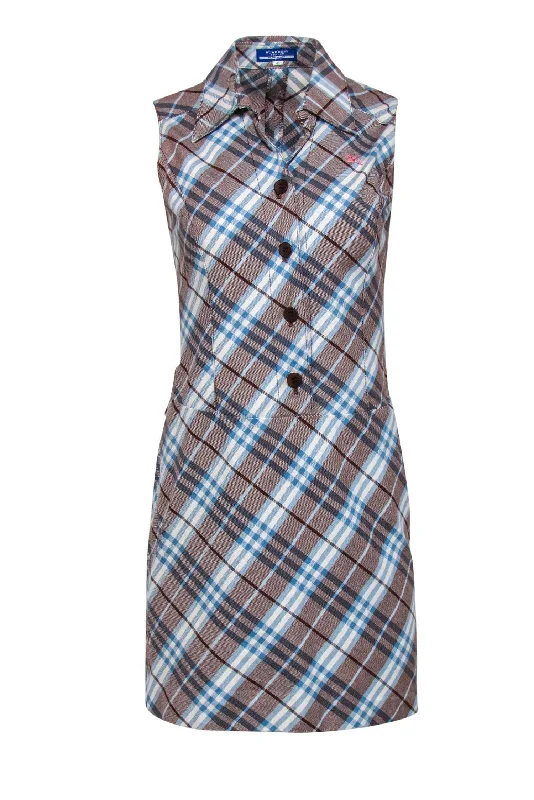 Burberry Blue Label - Light Brown, Blue & White Tartan Print Sheath Dress Sz 4 Holiday unclassified dresses