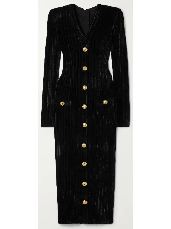 Button-Embellished Corduroy Velvet Dress In Black Silk unclassified dresses