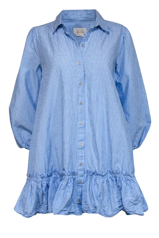 Anthropologie - Blue Striped Cotton Collared Shift Dress w/ Ruffled Hem Sz S Lace unclassified dresses