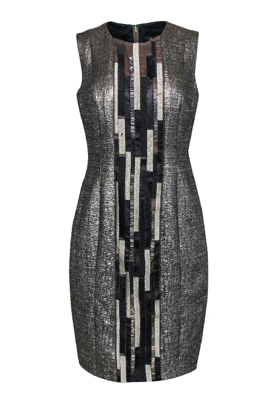 Carmen Marc Valvo - Silver Metallic Dress w/ Beaded, Embroidered & Faux Leather Paneling Sz 10 Engagement unclassified dresses