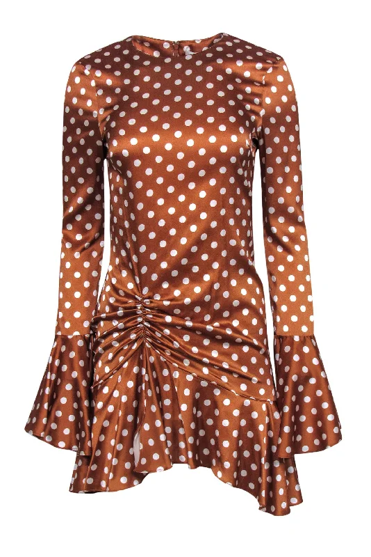 Caroline Constas - Brown & White Polka Dot Satin Bell Sleeve Dress w/ Ruching Sz M Velvet unclassified dresses