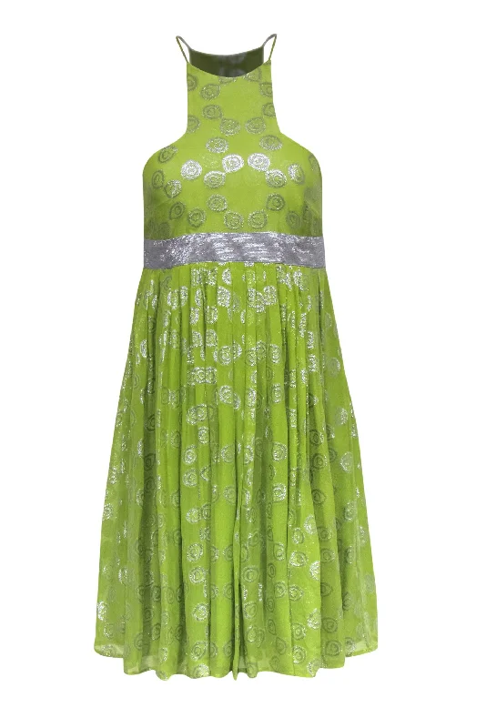 Catherine Malandrino - Chartreuse Chiffon Babydoll Dress w/ Silver Swirl Pattern Sz 4 A-line unclassified dresses