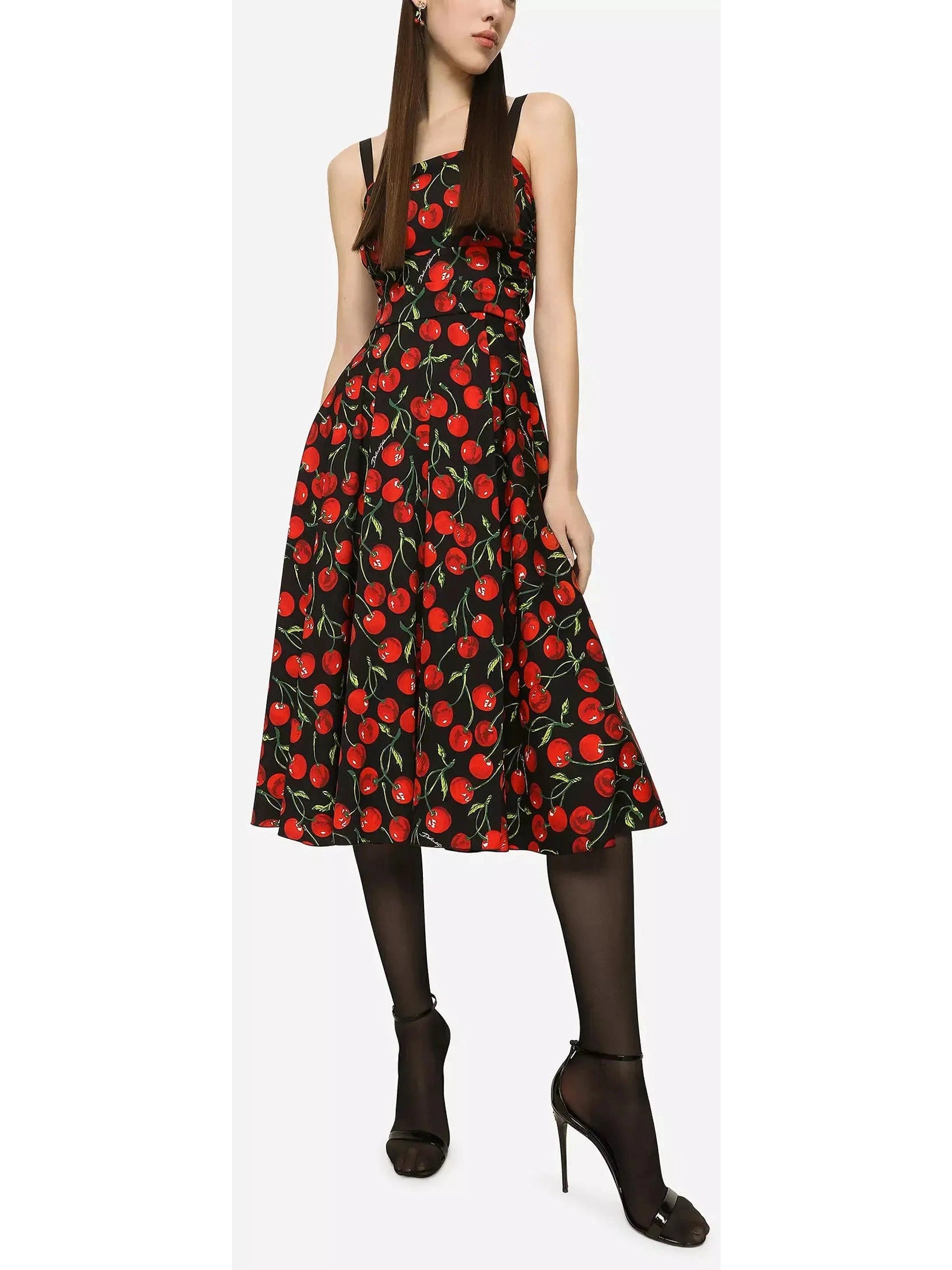 Cherry-Print Charmeuse Calf-Length Dress Trendy unclassified dresses