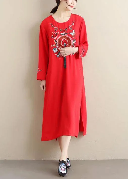 Chic O Neck Tassel Spring Tunics Outfits Red Embroidery A Line Dresses Lounge unclassified dresses