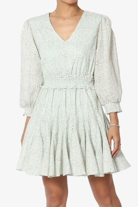 Clarabeth Embroidered 3/4 Sleeve Fit & Flare Dress Open-back unclassified dresses