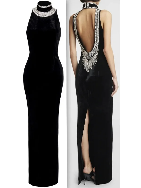 Crystal-Embellished Open-Back Velvet Gown Summer unclassified dresses