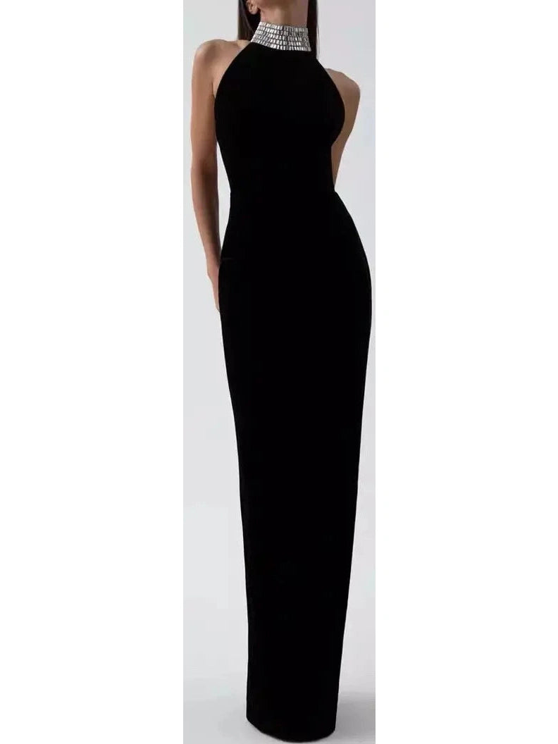 Crystal Embellished Turtleneck Velvet Gown Embroidered unclassified dresses