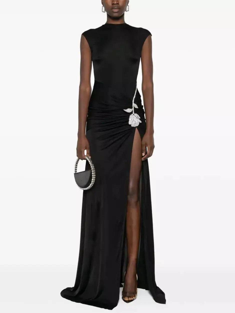 Crystal-Rose-Embellished Black Jersey Gown Date night unclassified dresses