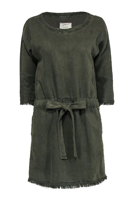 Current/Elliott - Olive Twill Linen Blend Tie Waist Dress w/ Fringe Sz 0 Dark color unclassified dresses