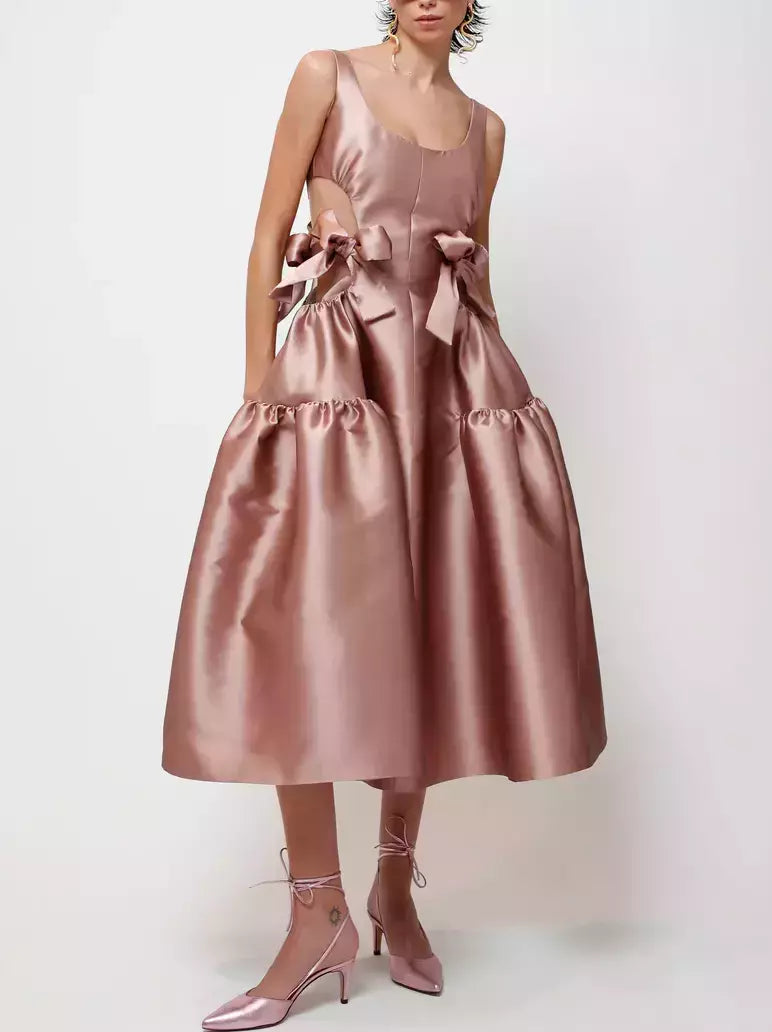 Cut-Out Flared Satin Dress with Bows Sexy unclassified dresses