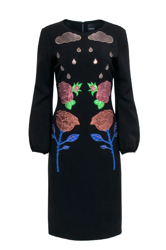 Cynthia Rowley - Black w/ Embroidered Metallic Flowers & Rain Clouds Dress Sz 6 Flowy unclassified dresses