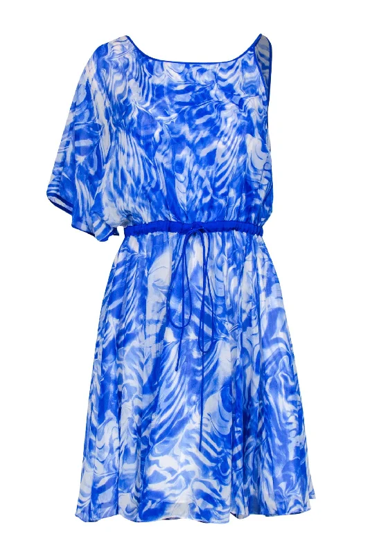 Cynthia Steffe - Blue & White Marbled Silk One Shoulder Dress Sz 2 Casual unclassified dresses