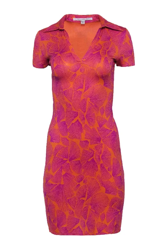 Diane von Furstenberg - Orange & Purple Printed Silk Collared Dress Sz 2 Casual chic unclassified dresses