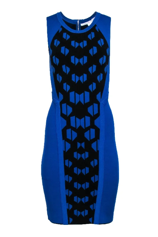 Diane von Furstenberg - Cobalt & Black Body-Con Knit Geometric Printed Dress Sz P Chiffon unclassified dresses